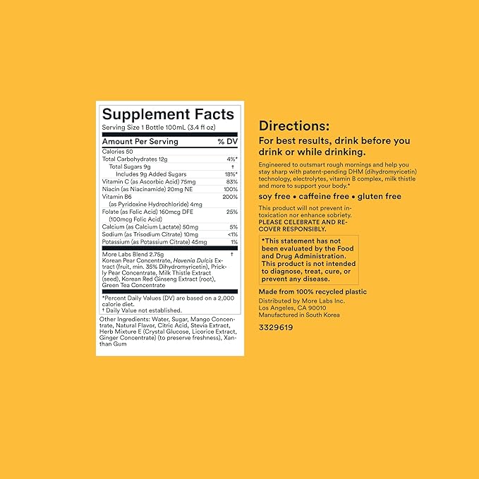 Morning Recovery Electrolyte, Milk Thistle Drink Proprietary Formulation to Hydrate While Drinking, Highly Soluble Liquid DHM, Non GMO, Vegan, Gluten-Free, Orange Mango, Pack of 12