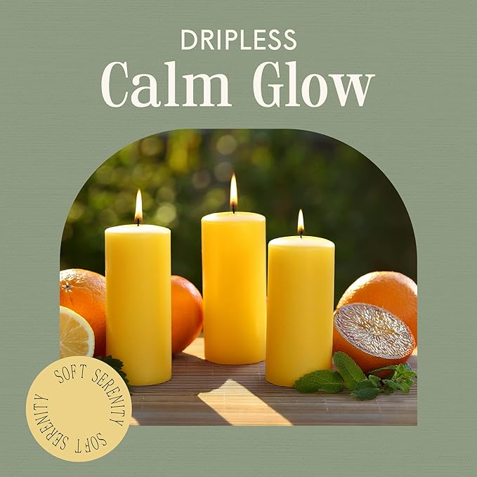Mister Candle Citronella Candles, Ideal for Outdoor & Indoor Use, 3"x4" Yellow Pillar Candles Set of 3, Hand Poured, Premium Wax & Dripless, 60 Hour Burn Time