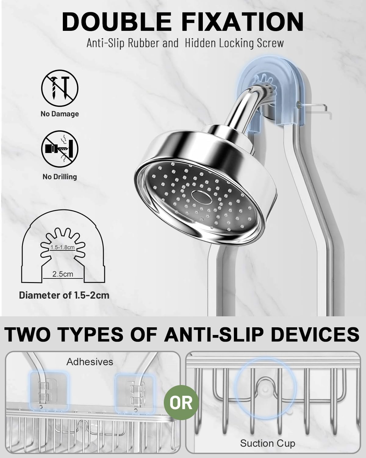 Regine Switzerland Shower Caddy - Rust-Free Aluminum Hanging Organizer with 6 Hooks for Razors & Sponges | Silver