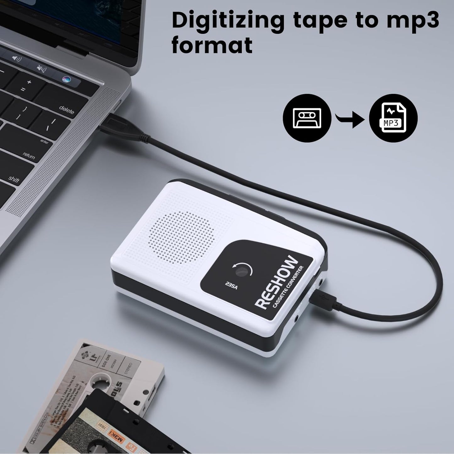 Cassette Cassette MP3 Reshow Player Recorder, Portable to Converter with USB-C, Built-in Speaker, Audio Tape to Digital