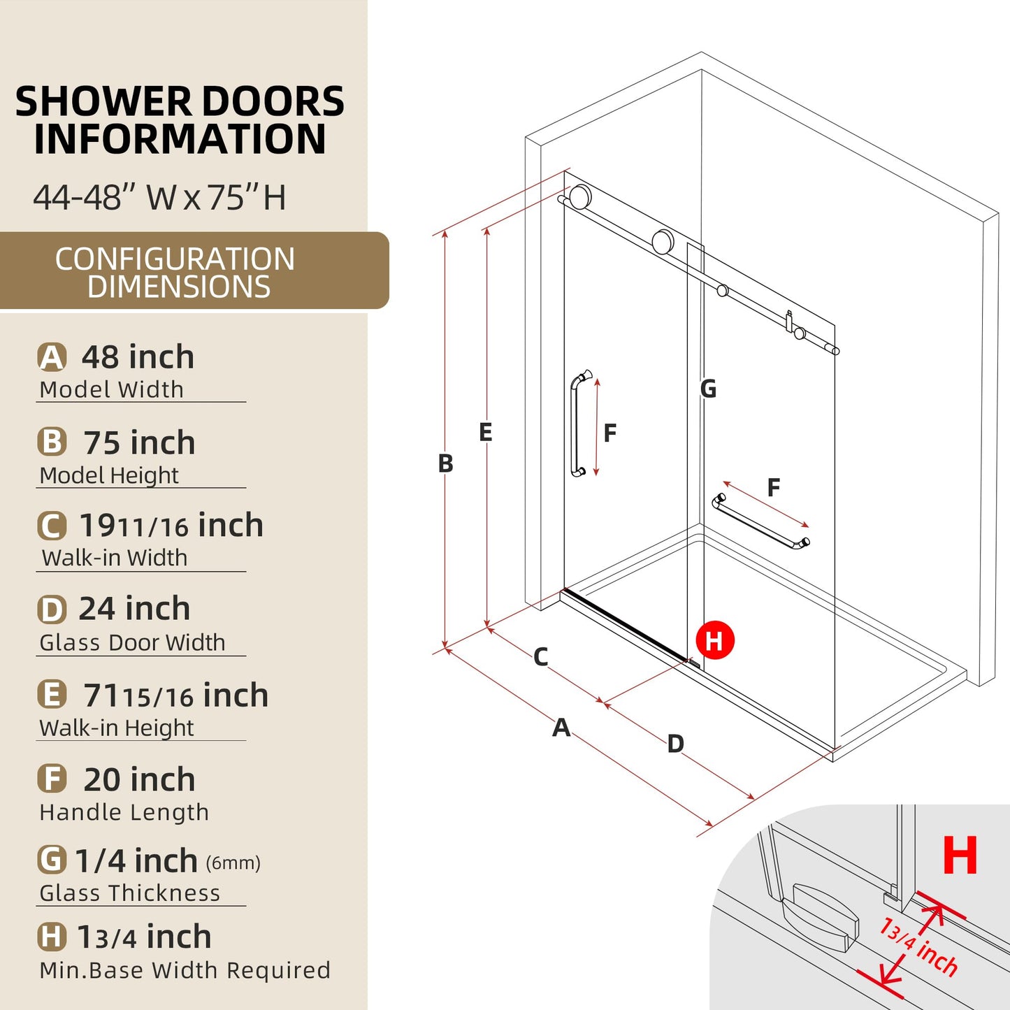 OGONBRICK Frameless Glass Shower Door 44-48’’ W x 75’’ H, Single Sliding Shower Door, ANSI Tempered Clear Glass with Nano Coating, Brushed Gold, Stainless Steel Hardware, Low Threshold, Quiet Rollers