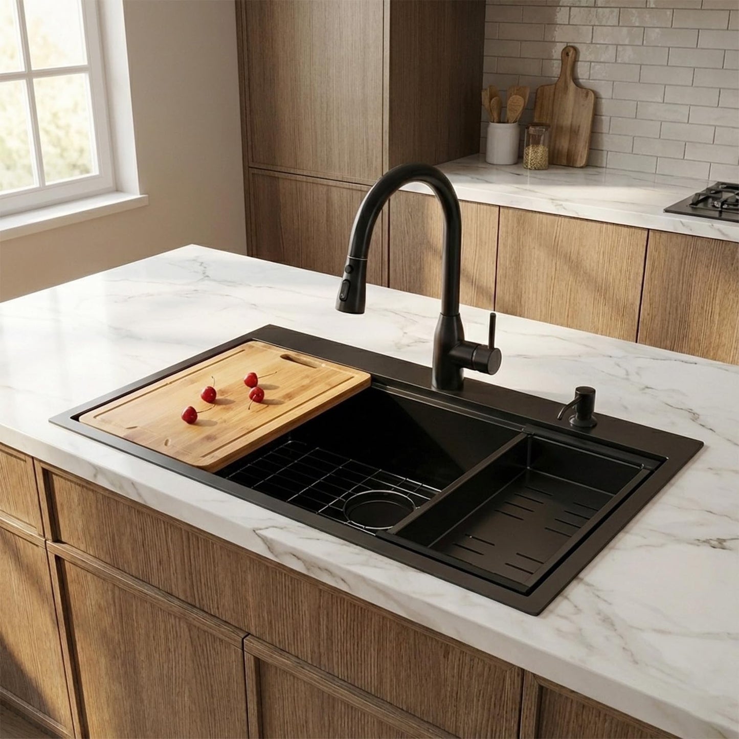 UFaucet 33x22 Drop In Kitchen Sinks Black, Gunmetal Black Stainless Steel Workstation 16Guage Topmount Single Bowl 9 Inch Deep Sink for Kitchen with Integrated Accessories and Features