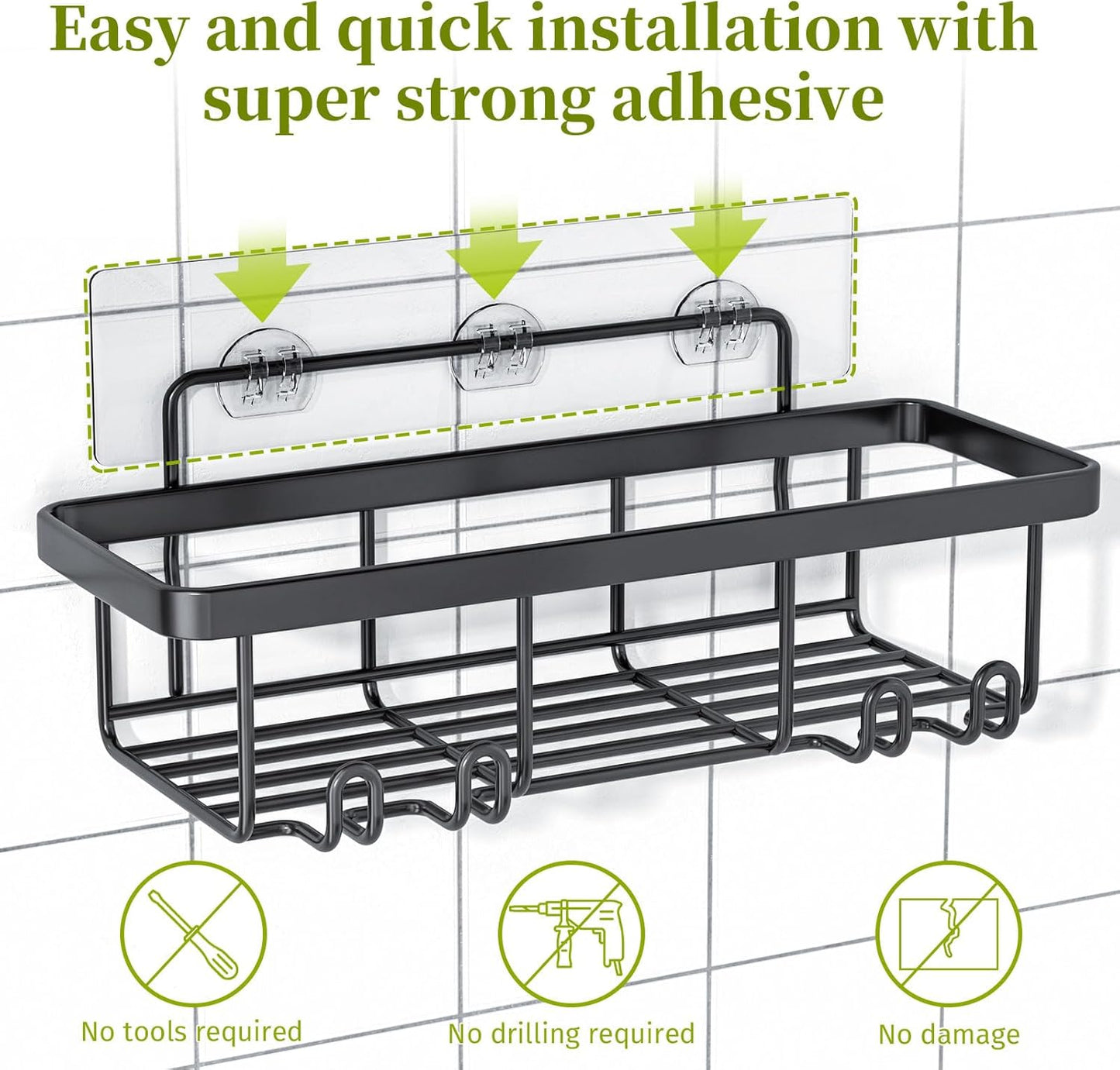 Rustproof Stainless Steel Shower Caddy by [Brand Name] - 5 Pack Adhesive Bathroom Organizers | Large Capacity, No Drilling, Black