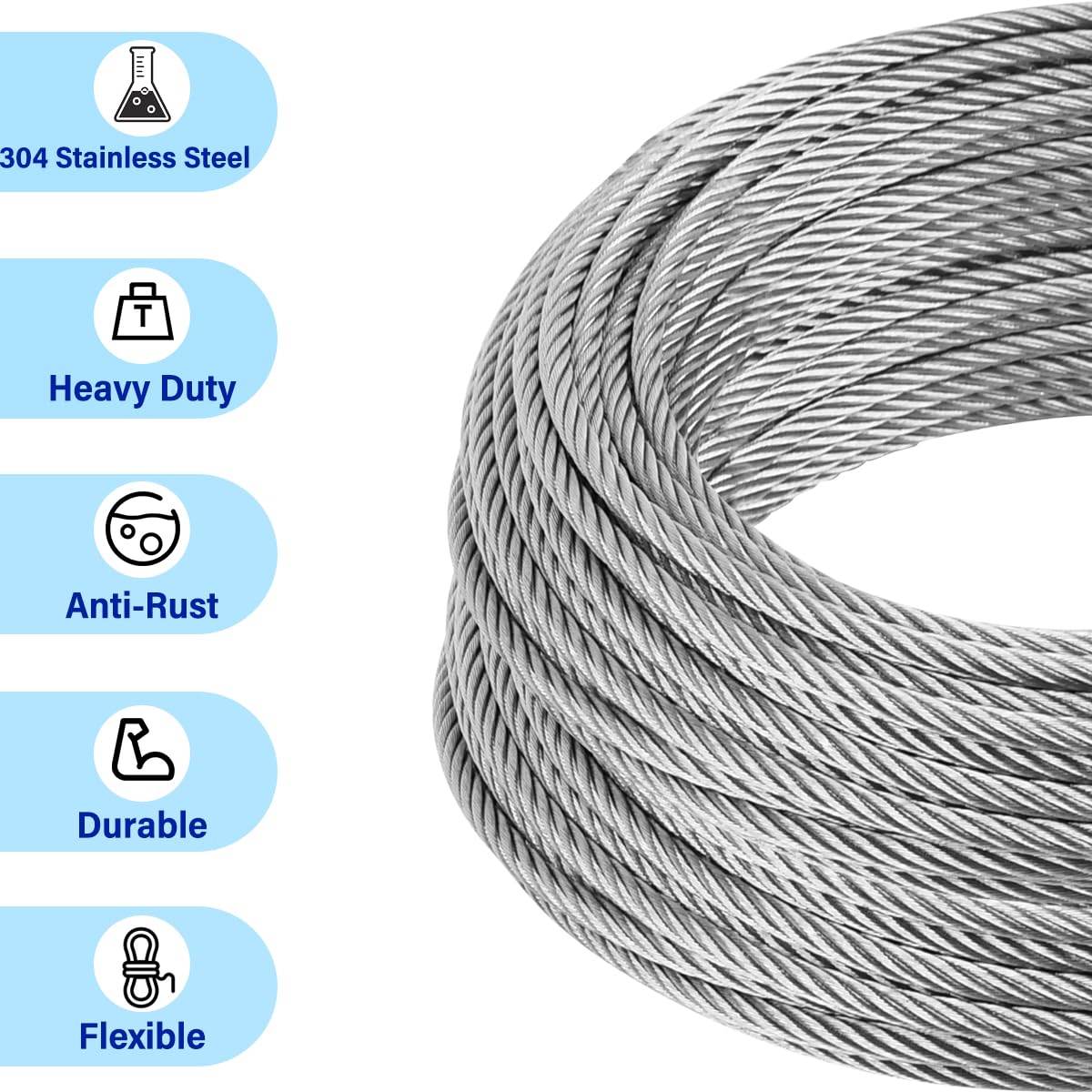 3/8” Stainless Steel Cable, 150ft 304 Stainless Steel Aircraft Cable with 12000lbs Breaking Strength, 7x19 Strands Wire Rope with Clamps & Thimble for Ziplines, Boat Lifts, Deck Railings, Winch Cable