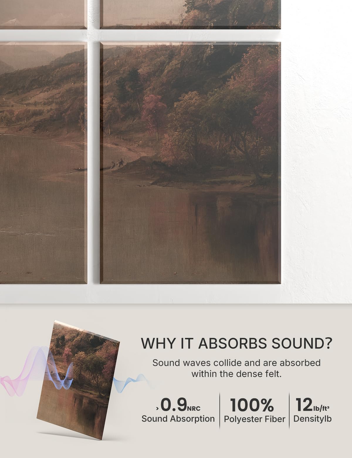 Wall Art Acoustic Panels,70''×47''Sound Absorbing Panels-8-Pack with 60 Adhesive Tabs, Decorative Sound Absorbing Panels for Living Room and Recording Studio, Offices-Mount Washington