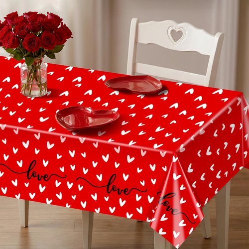 3Pcs Valentine's Day Plastic Tablecloth Love Heart Romantic Rectangular Table Cloths Red White Tablecovers for Valentines Wedding Engagement Anniversary Galentines Mother's Day Party Decorstions