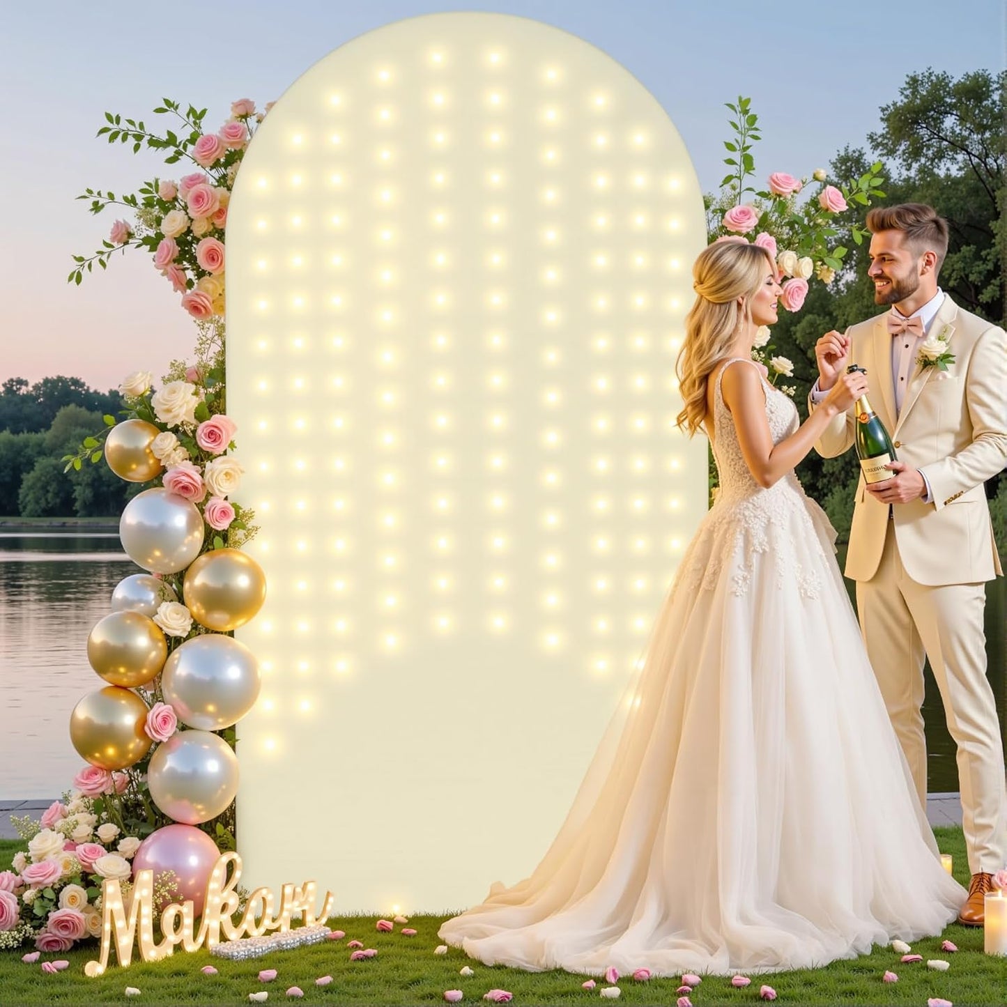 Suppromo 6ft Beige Arch Cover with Lights Beige Spandex Wedding Arch Backdrop Cover for Bridal Shower Birthday Party