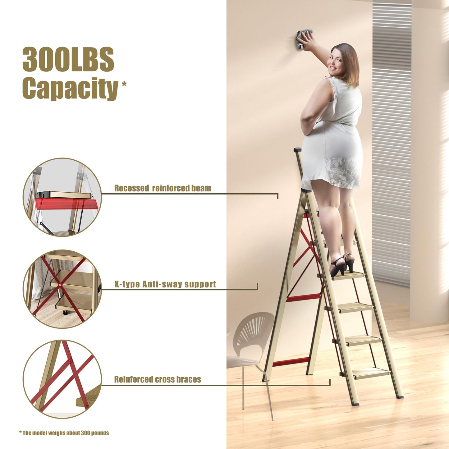 SOLADDER 6 Step Ladder, Folding Step Stool with Handgrip and Anti-Slip Wide Pedal, Portable Lightweight Aluminum Stepladder for Kitchen, Home, Library, Office (300 lbs Capacity) - Gold