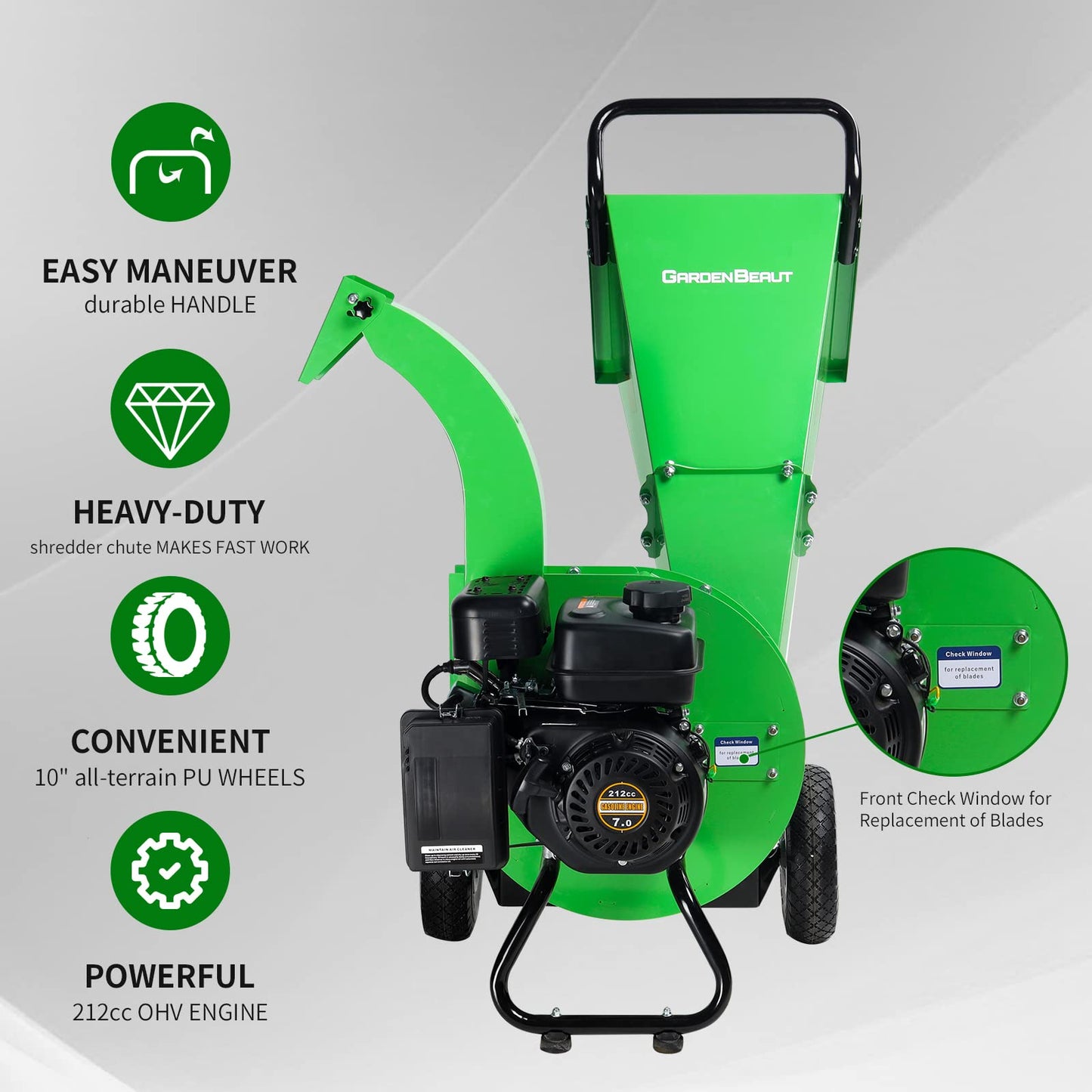 GARDENBEAUT Wood Chipper Shredder Mulcher Heavy Duty Gas Powered 3" Inch Max Wood Diameter Capacity