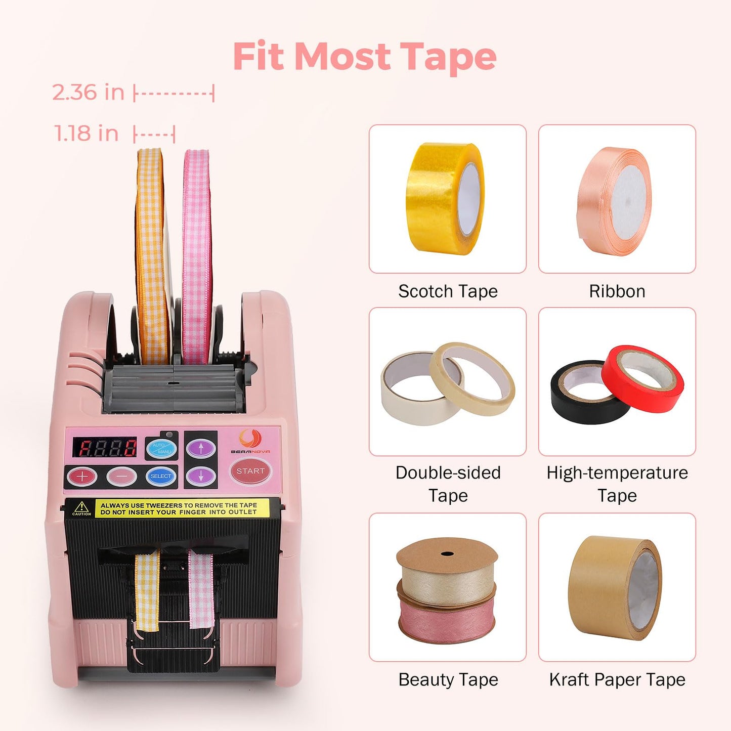 BEAMNOVA Upgraded Ribbon Cutter Machine Automatic Tape Dispenser Desktop Electric Auto Precut Adhesive Tapes Cutting Machine, 6 Lengths Sets, 6-60 mm Width, 5-999 mm Length