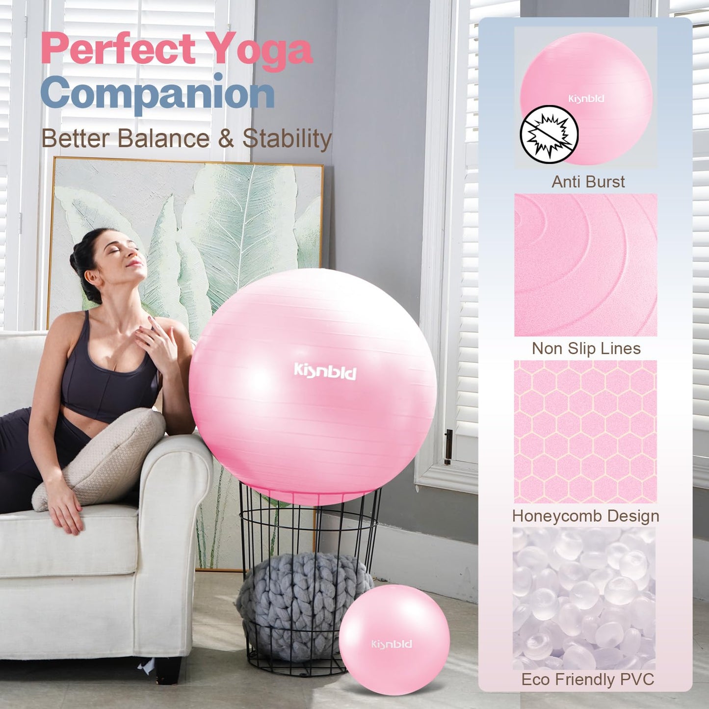 kisnbld Exercise Ball, Extra Thick Yoga Ball for Workout Pregnancy Stability, 4 Sizes Anti-Burst Balance Ball with Foot Pump - Heavy Duty Fitness Ball Chair for Office, Home & Gym