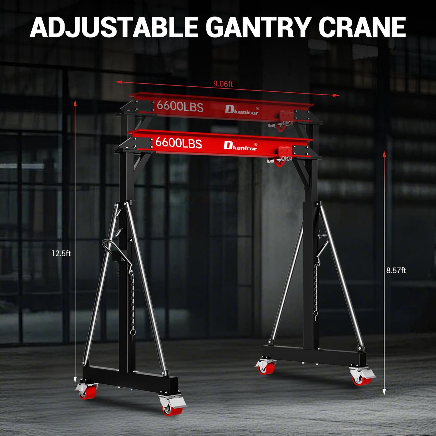 Dkenicor 3 Ton 6600Lb Gantry Crane, 9.06FT Maximum Width, 8.53-12.47ft Adjustable Height, Portable Shop Lift Hoist with 3 Ton Manual Trolley, Red
