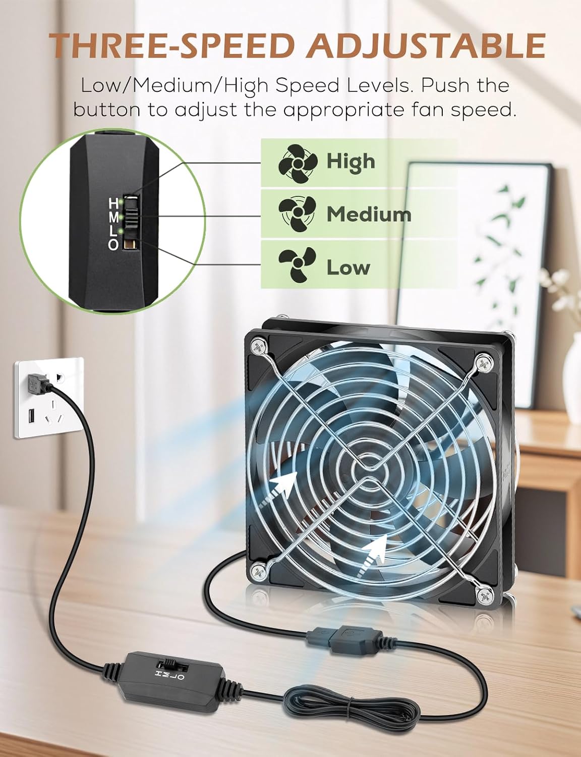 120mm 25mm 5V 3 x DC Brushless USB PC Case DVR CPU Cooling Fan with Speed Controller for WiFi Modem Cabinet Xbox DVR