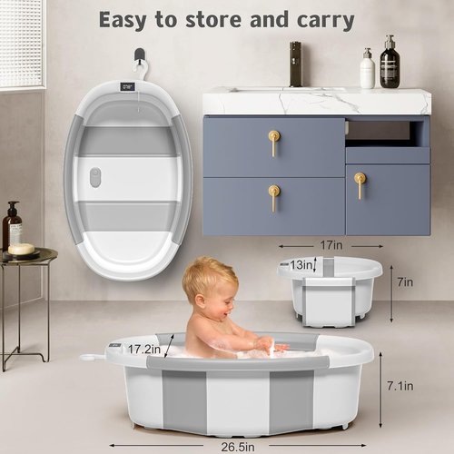 Himold Collapsible Baby Bathtub - Spacious Foldable Infant Bath Tub with Thermometer | Grey, 0-36 Months
