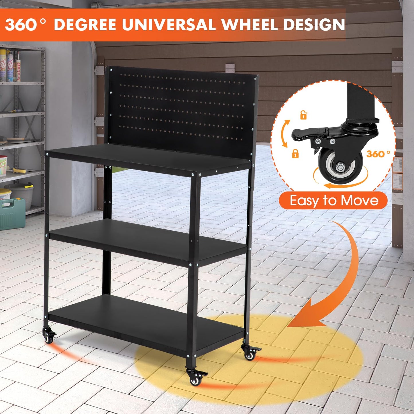 OLBRUS 50.4 X 33.4 Inch Workbench,Heavy Duty 200LBS Steel Work Bench with Pegboard and Lockable Wheels, Rolling Tool Storage Work Table for Garage Workshop Warehouse (50.4" X 33.4")