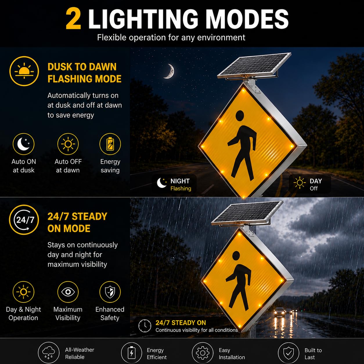 GAJTTR 30" Solar Powered LED Pedestrian Crossing Sign, High Visibility Flashing Crosswalk Sign with 8 Blinking LEDs, Engineer Grade Reflective Film, Heavy Duty Aluminum Metal Frame for Schools, Driveways & Communities (Yellow)