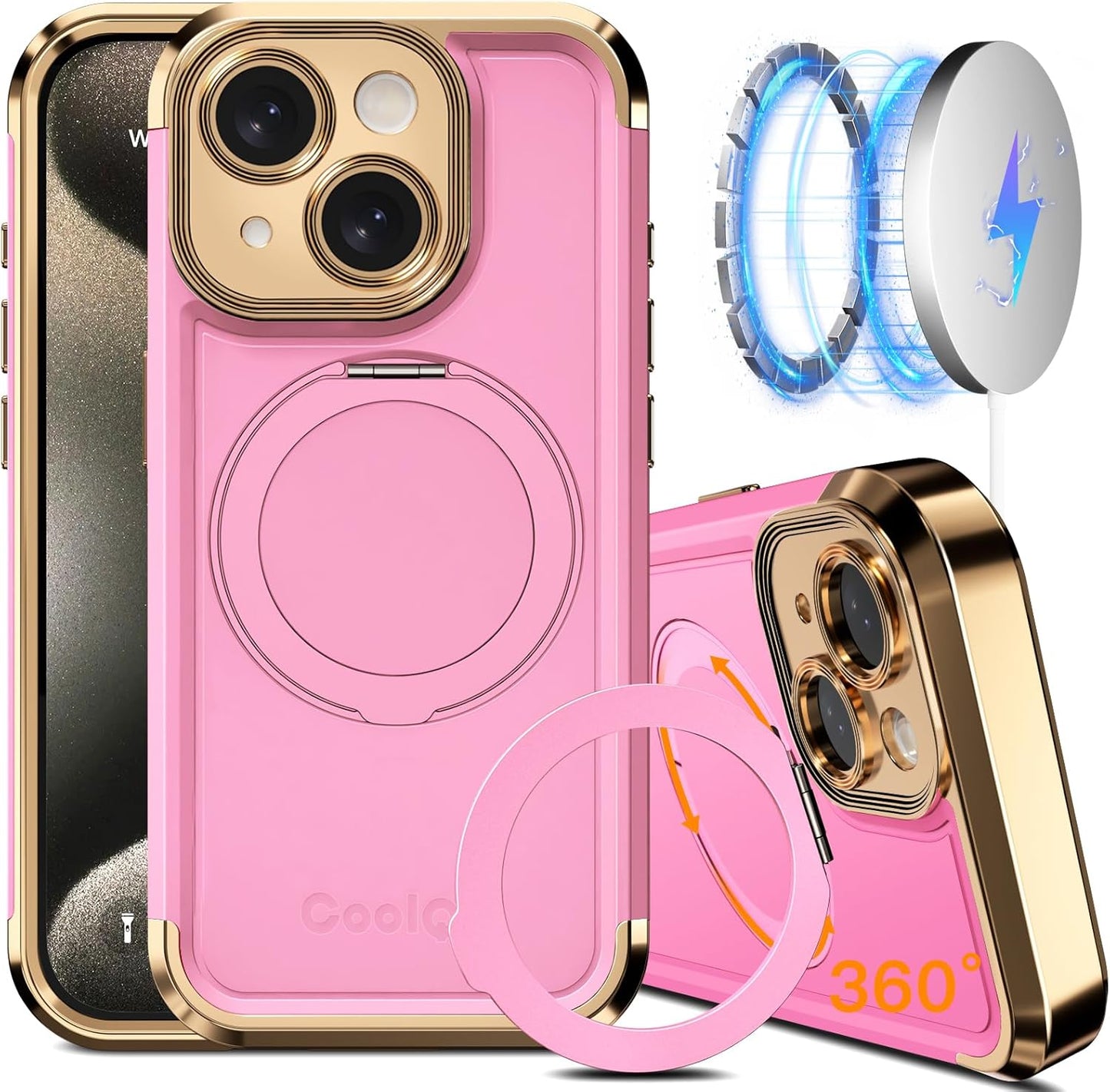 COOLQO 13 6.1'' 360 for iPhone Case Upgraded Spin Magnetic Stand [Compatible with Magsafe][Military Protection] Plating