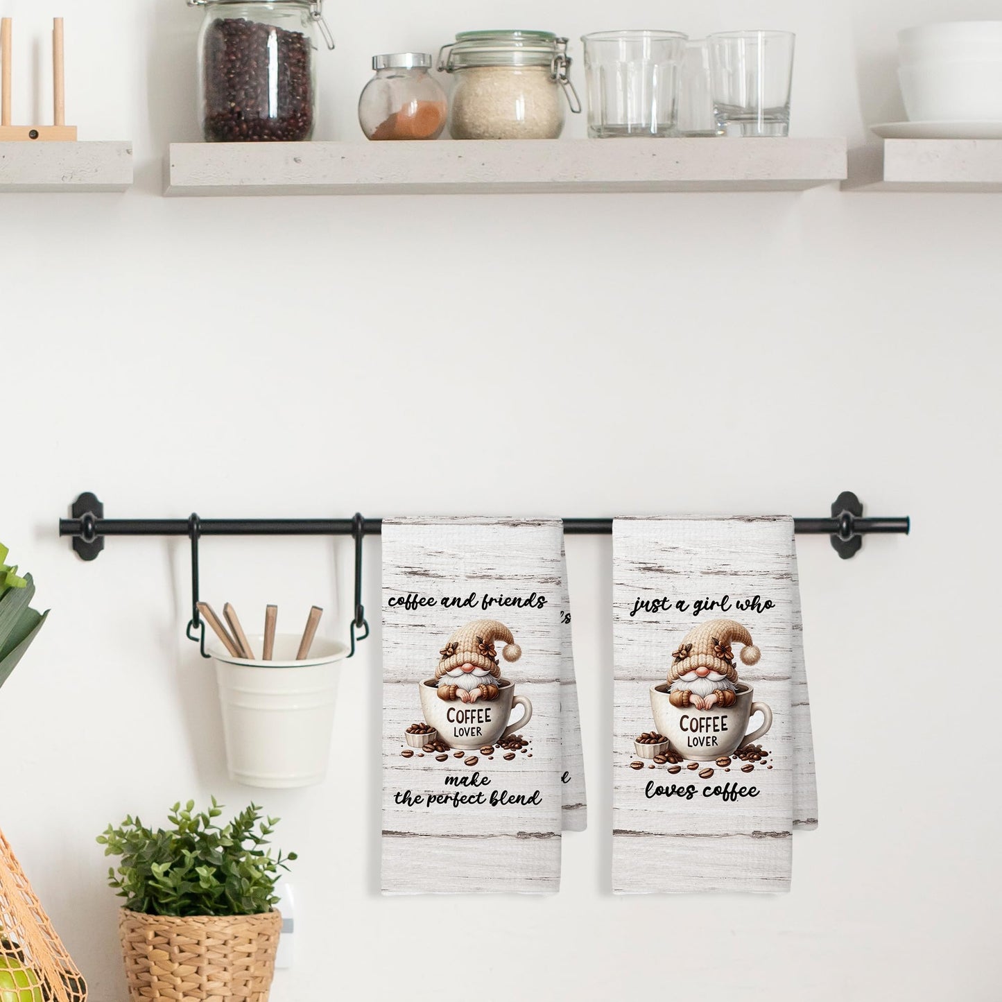 CUANFDDSF Coffee Gnomes Coffee Bar Decor Kitchen Towels Set of 2, Coffee Lover Gifts for Women Girls, Bar Accessories Decoration Tea Towels Kitchen Hand Towels 16x24 Inch