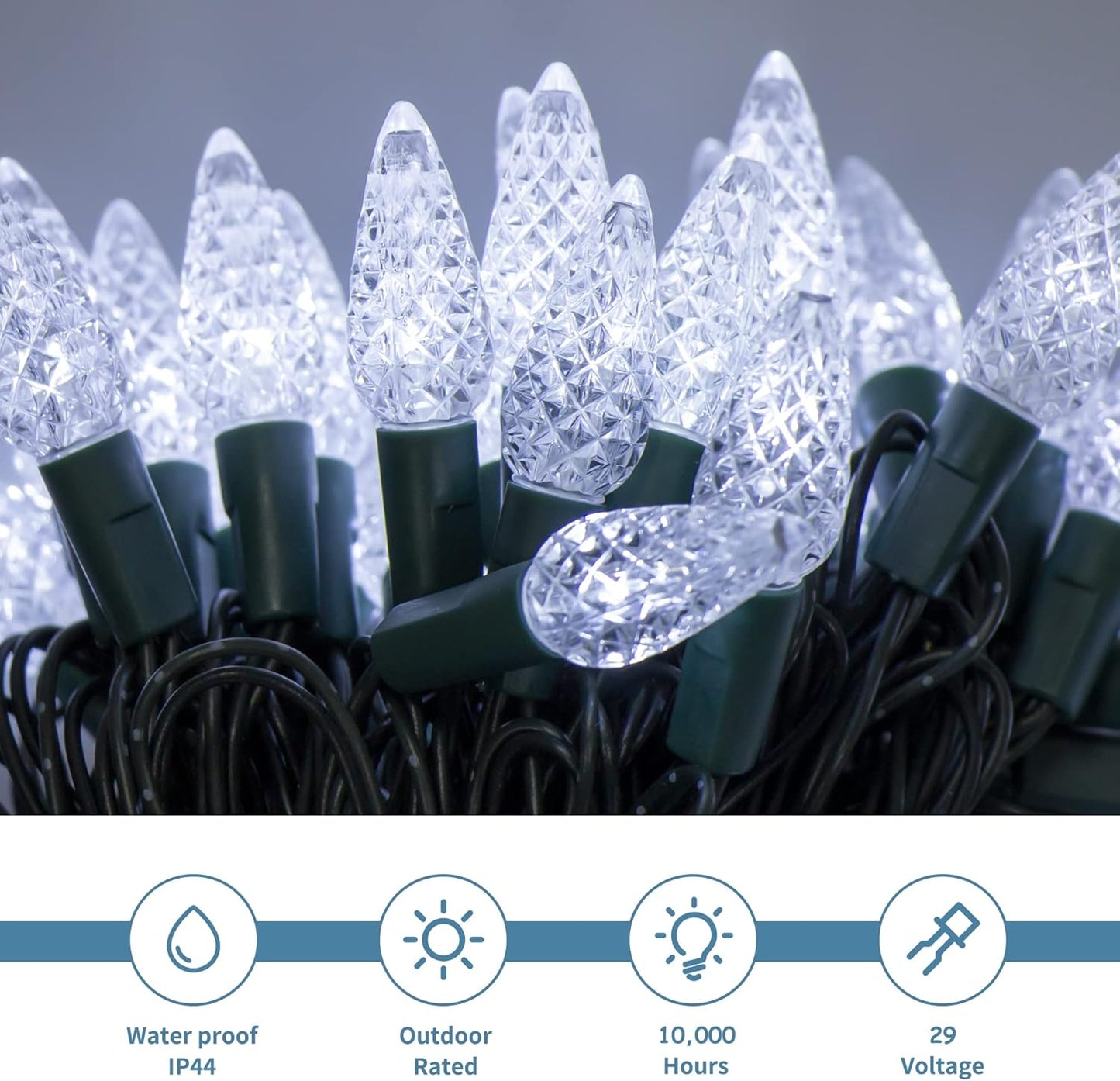 Waterglide C6 Christmas Lights - 33ft 100 LED Faceted String Lights | Waterproof Indoor Outdoor Decor, Cool White