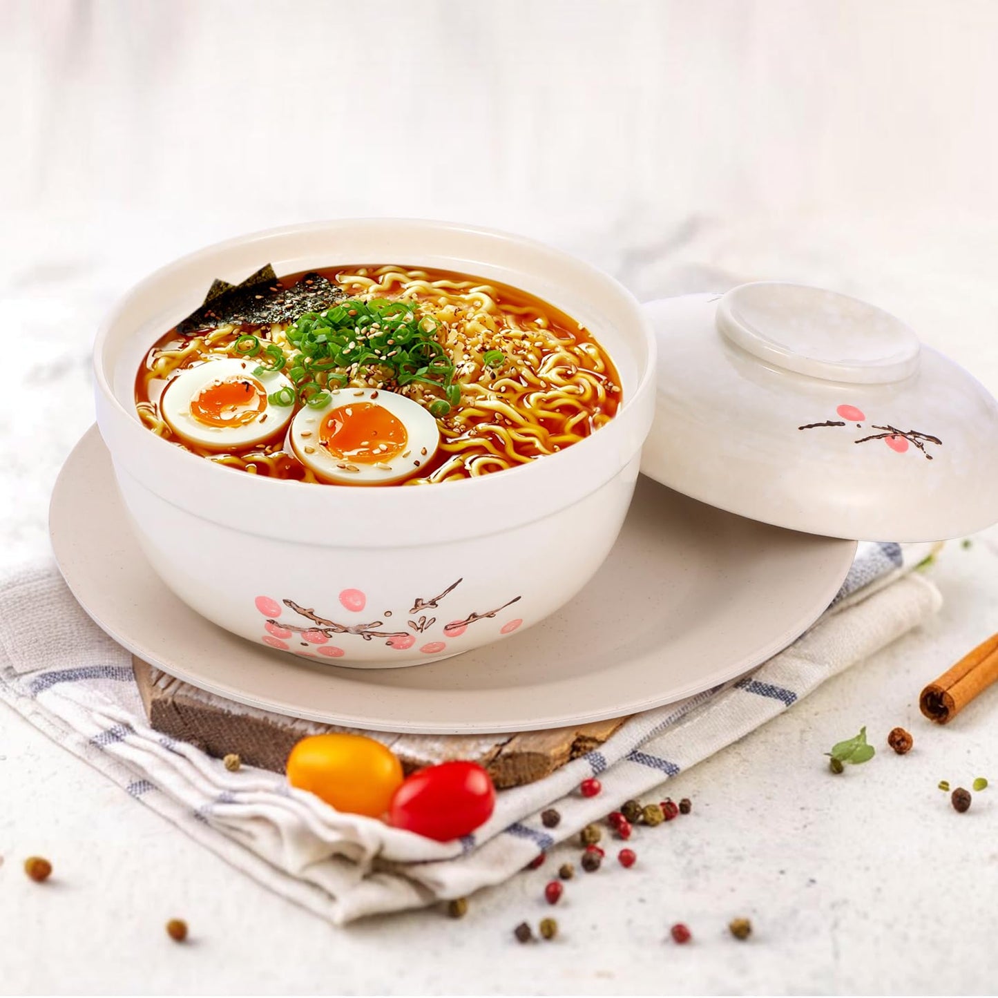 mekueeex 2 Pack Ceramic Ramen Noodle Bowl, 27 OZ Big Ramen Bowl with Lid, Japanese Hand-Painted Ceramic Tableware, Durable Floral Soup Bowl for Noodles, Porridge, Rice, Dishwasher Safe(Pink, Beige)