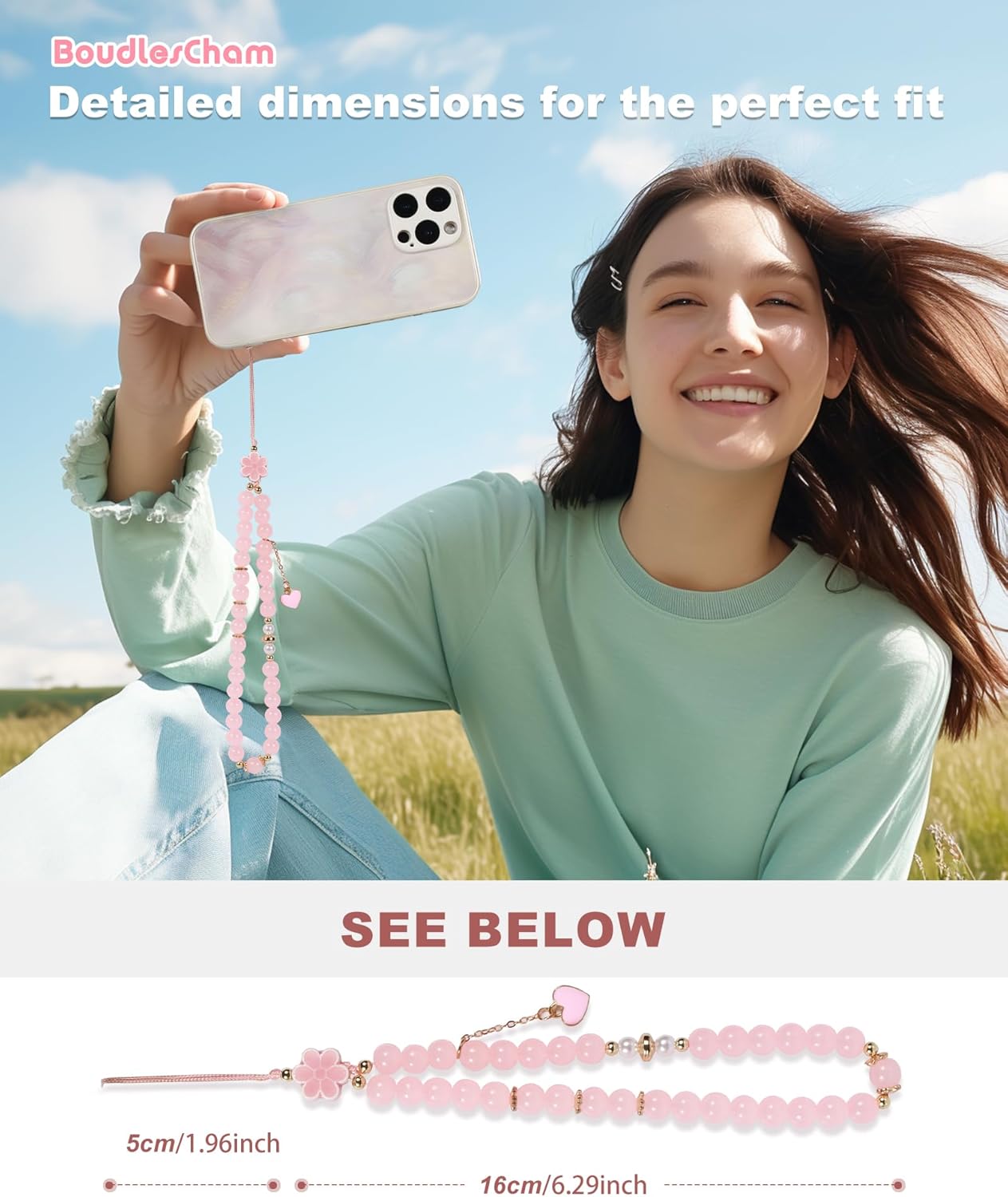 BoudlesCham Phone Charm Cute Pink Pearl Beaded Phone Wrist Strap for Women, Phone Charms Strap for iPhone Charm Strap