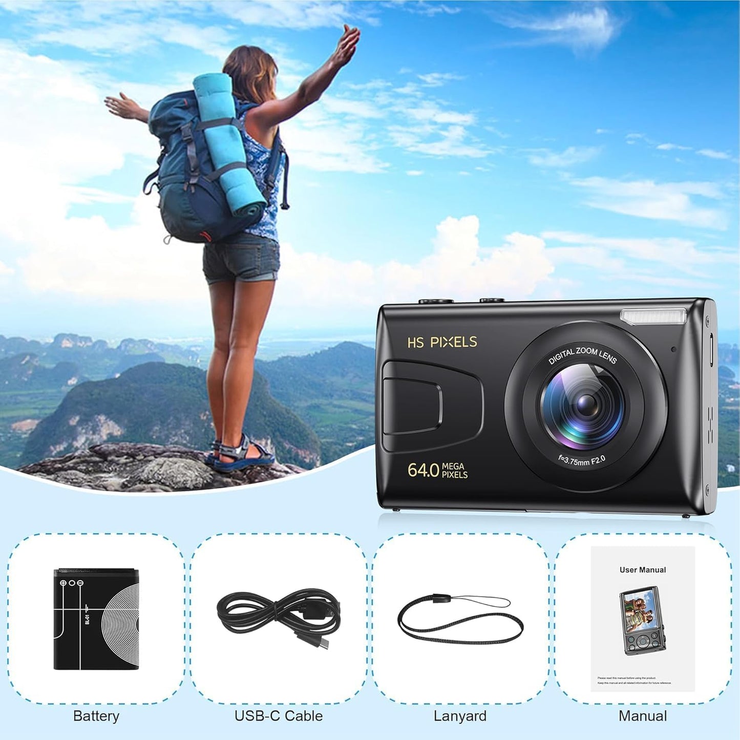 KANORLEEY 4K Cards-64MP YouTube,2.8" Focus,18X Zoom,10 Digital Camera Without SD Vlogging Camera for IPS Screen,Auto