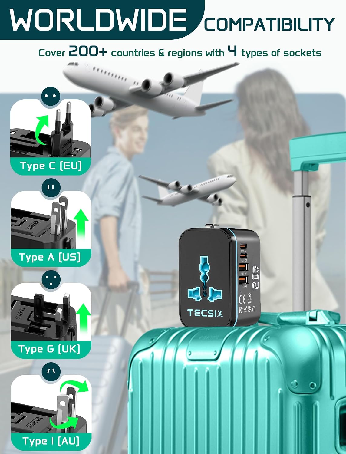 TECSIX 20W, 2 2 200+ Countries Universal Travel Adapter Worldwide PD International Power Adapter Fast Charging with USB