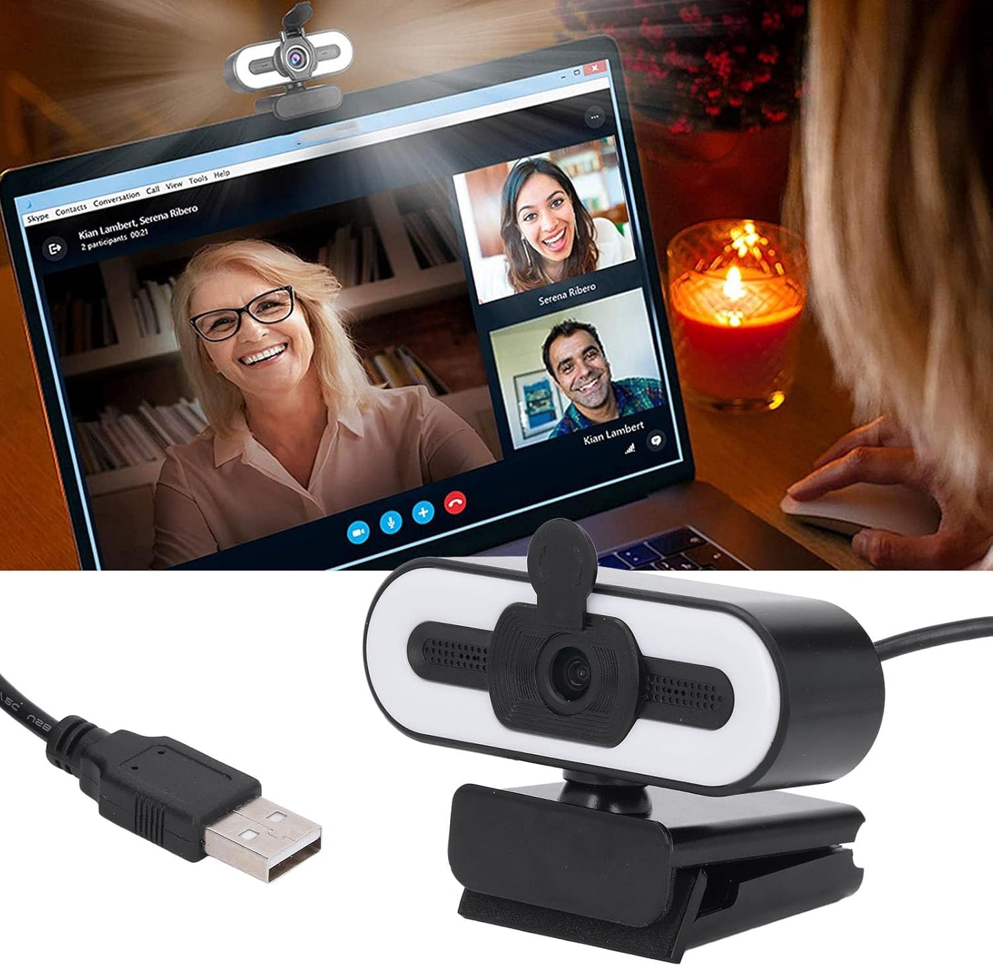 Yoidesu 1080P Webcam for PC, HD Webcam with Adjustable Ring Light and Microphone, Rotatable Wide Angle Camera, Plug