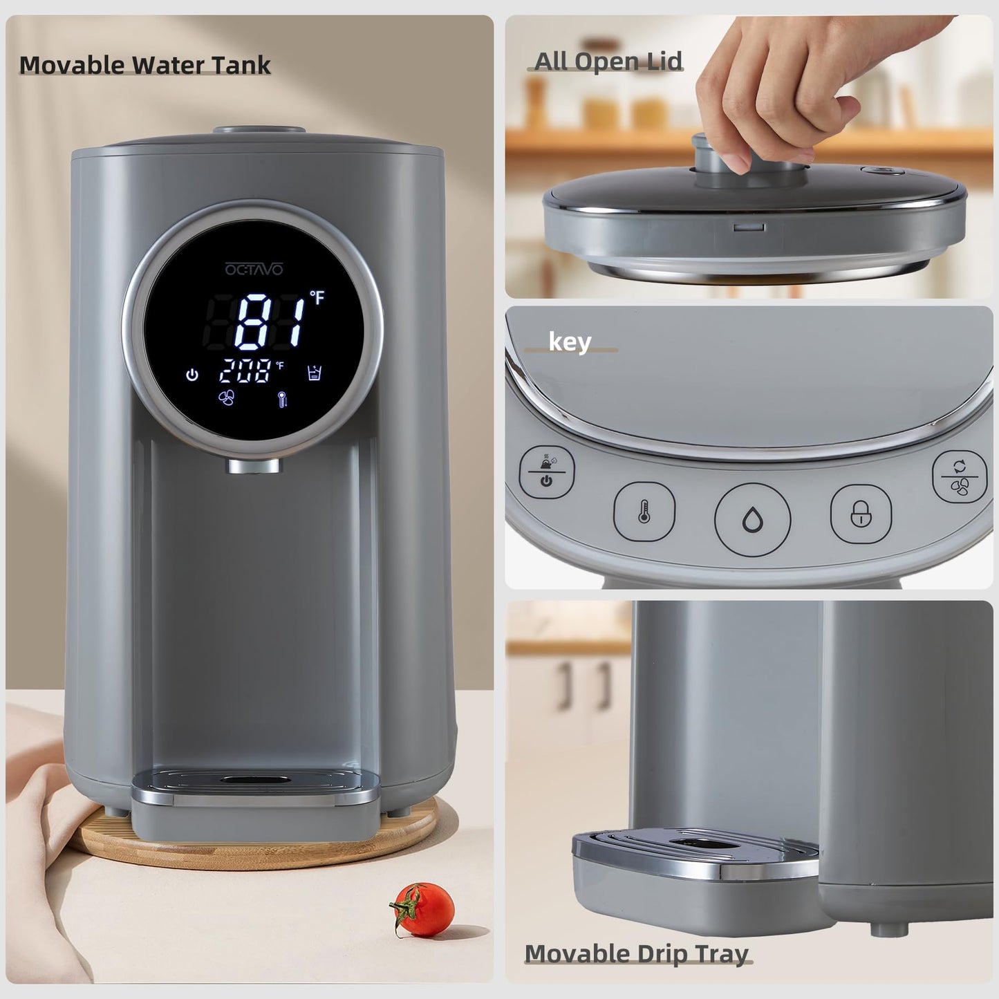OCTAVO Water Boiler & Warmer 5 Liter, 304 Stainless Steel Water Tank, 700 Watt 6 Adjustable Water Temperature, LCD Touch Control Screen, Child Lock with Water Shortage Indicator