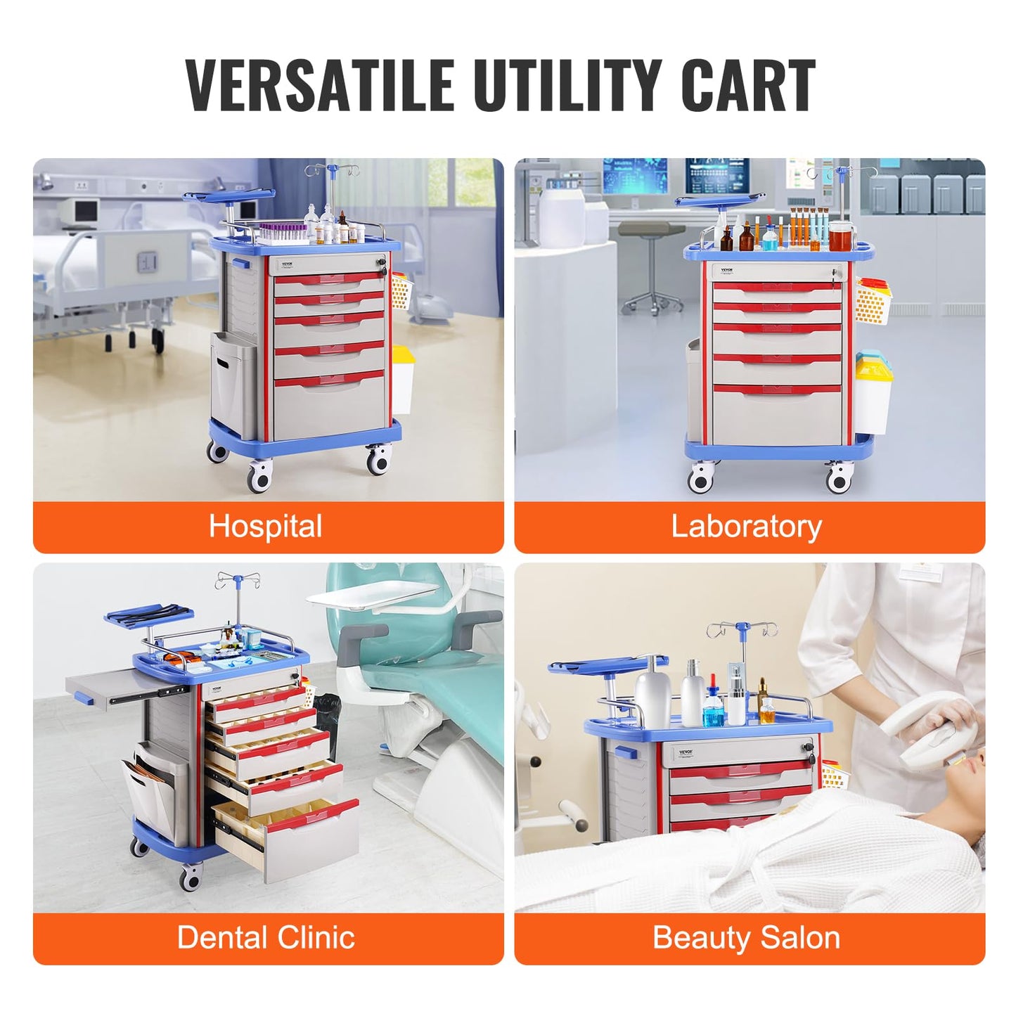 VEVOR Medical Crash Cart, Nursing Emergency Rolling Cart with 5 Drawers & 4 Silent Wheels, Adjust IV Pole, Needle Disposal Holder, Trash Bin, O2 Holder, Mobile Trolley for Hospital, Clinic, Lab, Salon