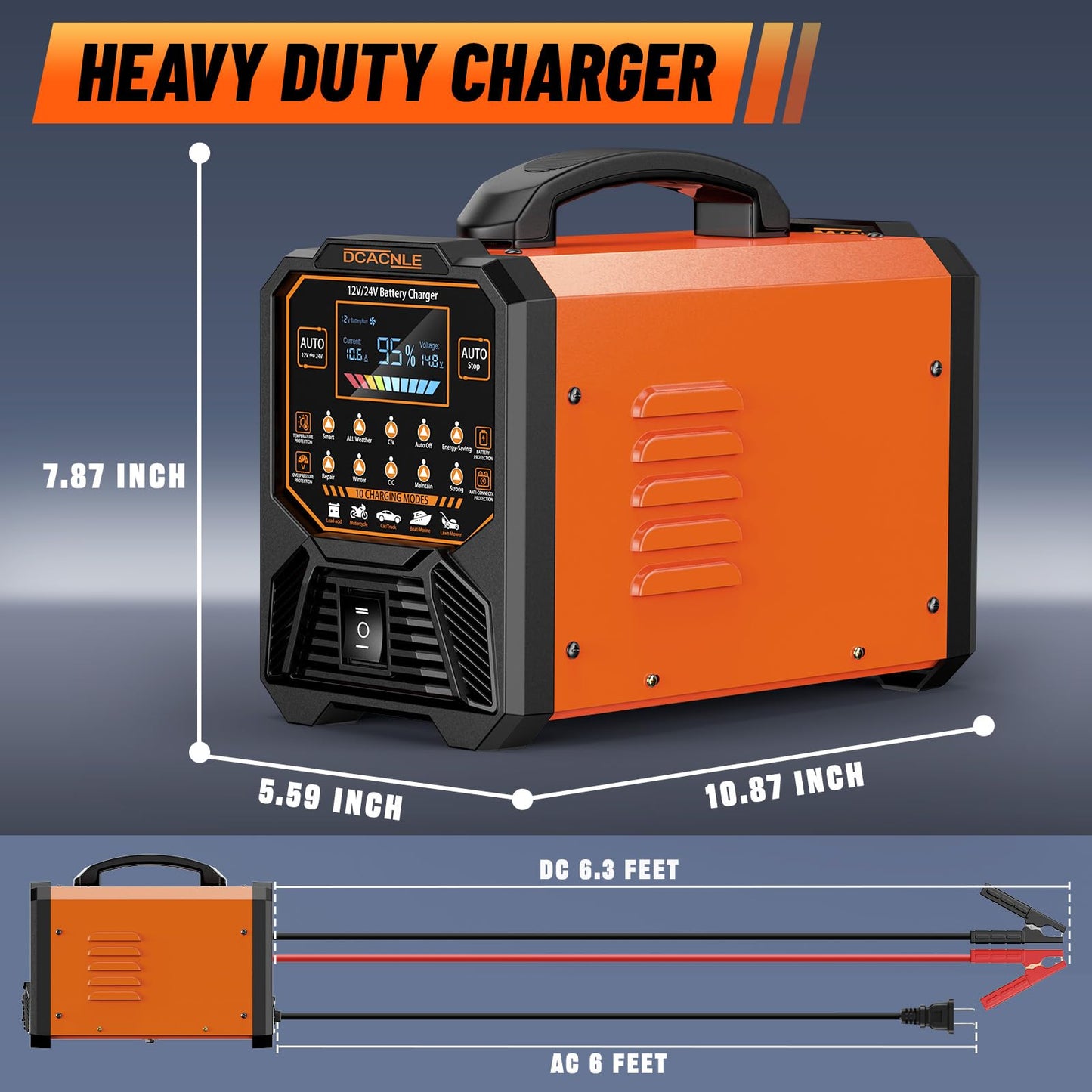 DCACNLE Car Battery Charger Heavy Duty,12V/24V Portable Smart Trickle Charger Battery Maintainer,Maintenance/Winter Mode,for AGM Auto Motorcycle Truck Rv Lawn Mower - for Lead Acid Batteries