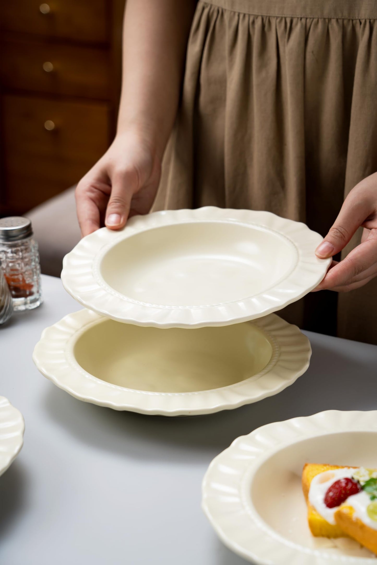COIKZLY Ceramic Soup Bowls 8.6 in, Pasta Bowls & Plates, Cream color Floral-Embossed Wide Rim Shallow Bowls Set of 2, Italian Carving Design, Matte Finish Porcelain, Microwave & Dishwasher Safe