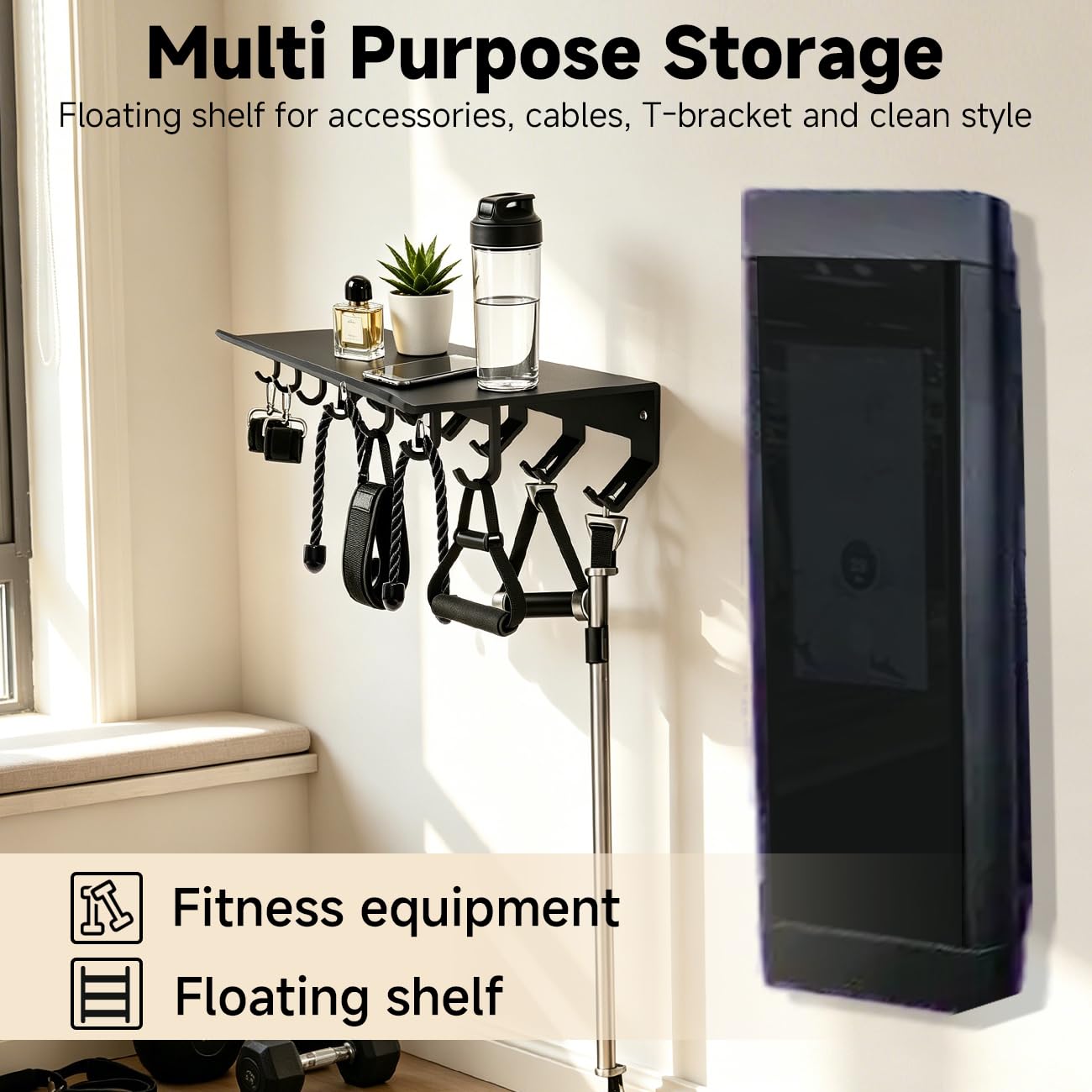 Dafftos Floating Shelf Compatible with Tonal Accessories Home Gym Storage Rack Wall Mount Resistance Band Organizer Workout Metal Holder Hook T-Bracket Lock Adapters Hanger Equipment Fitness