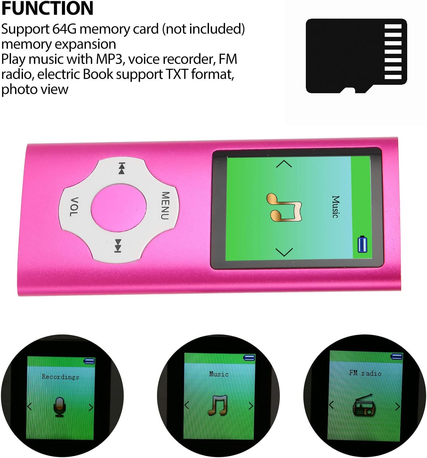 Jectse MP3 MP3 MP3 Player, Kids Player Portable Audio Music Player with FM Radio, Voice Recorder, E Book, HiFi Lossless