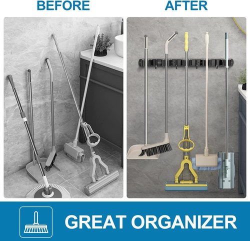 IMILLET Wall Mounted Broom and Mop Holder - Heavy Duty Stainless Steel Organizer | 2 Pack with 5 Racks & 4 Hooks