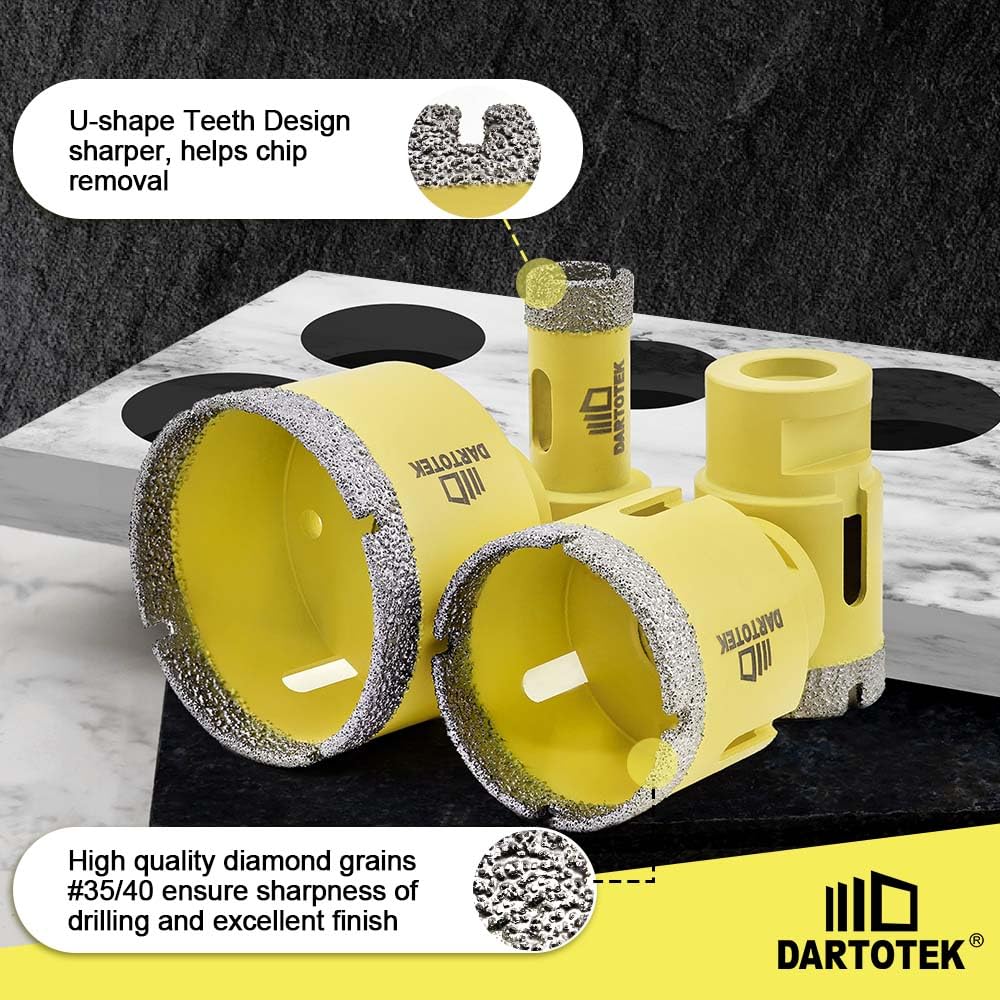 Diamond Core Drill Bits Set 10PCS - DARTOTEK Tile Hole Saw Kit (6/8/10/25/35/50/65mm/10mm/2/HEX for Porcelain, Ceramic Tile, Granite, Marble, Masonry