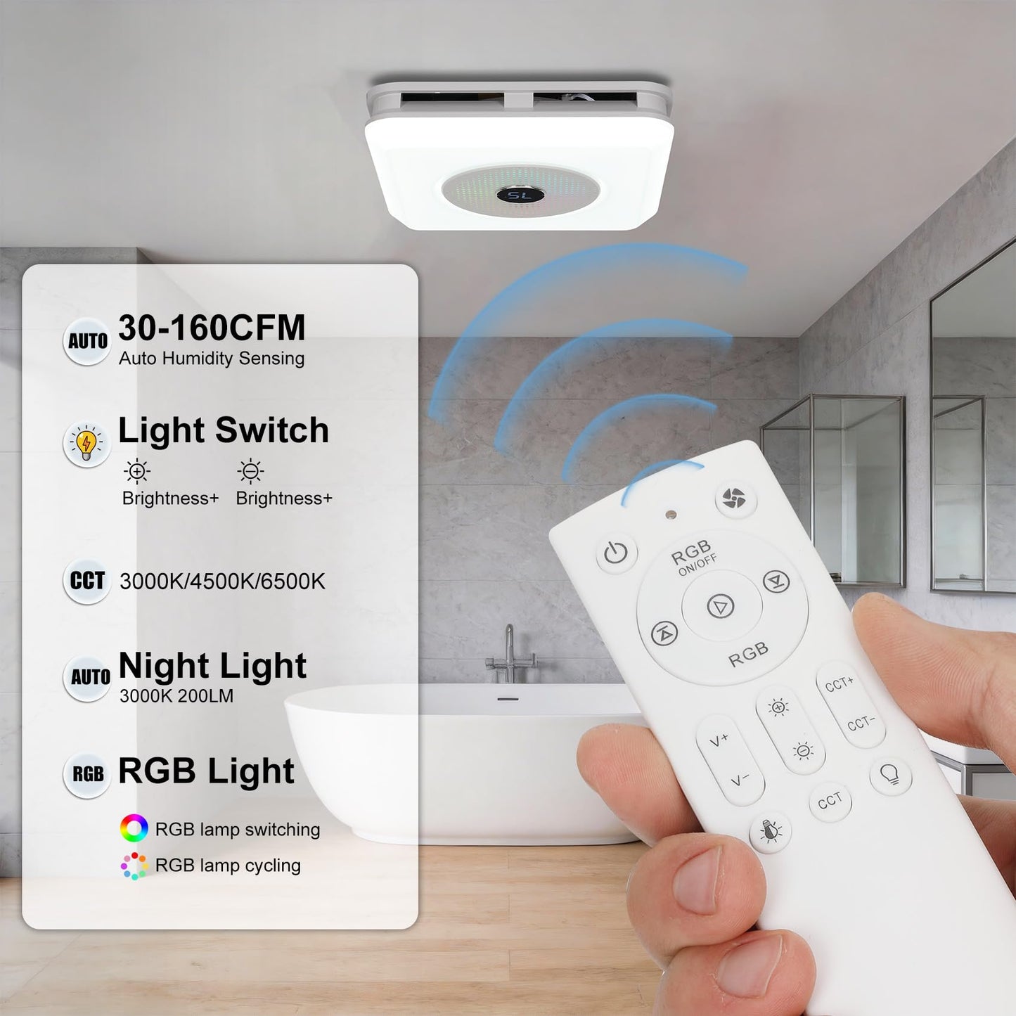 NJSZBDZJ Bathroom Exhaust Fan with Bluetooth Speaker & LED Light, 230 CFM 0.1 Sone Ultra-Quiet, 7-Color RGB & 3CCT Adjustable, Music Sync, Humidity Sensor, Remote Control, Easy Install