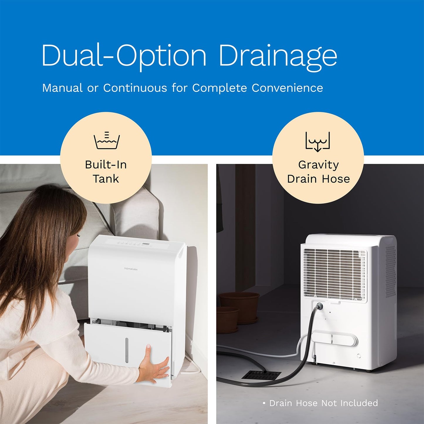 hOmeLabs Dehumidifier 7,000 Sq Ft Wi-Fi (50 Pint MAX 120 Pint at 95°F, 90% RH) for Home, Office, Basements with Powerful Moisture Removal, Humidity Control, Auto Shut-off, Quiet Operation