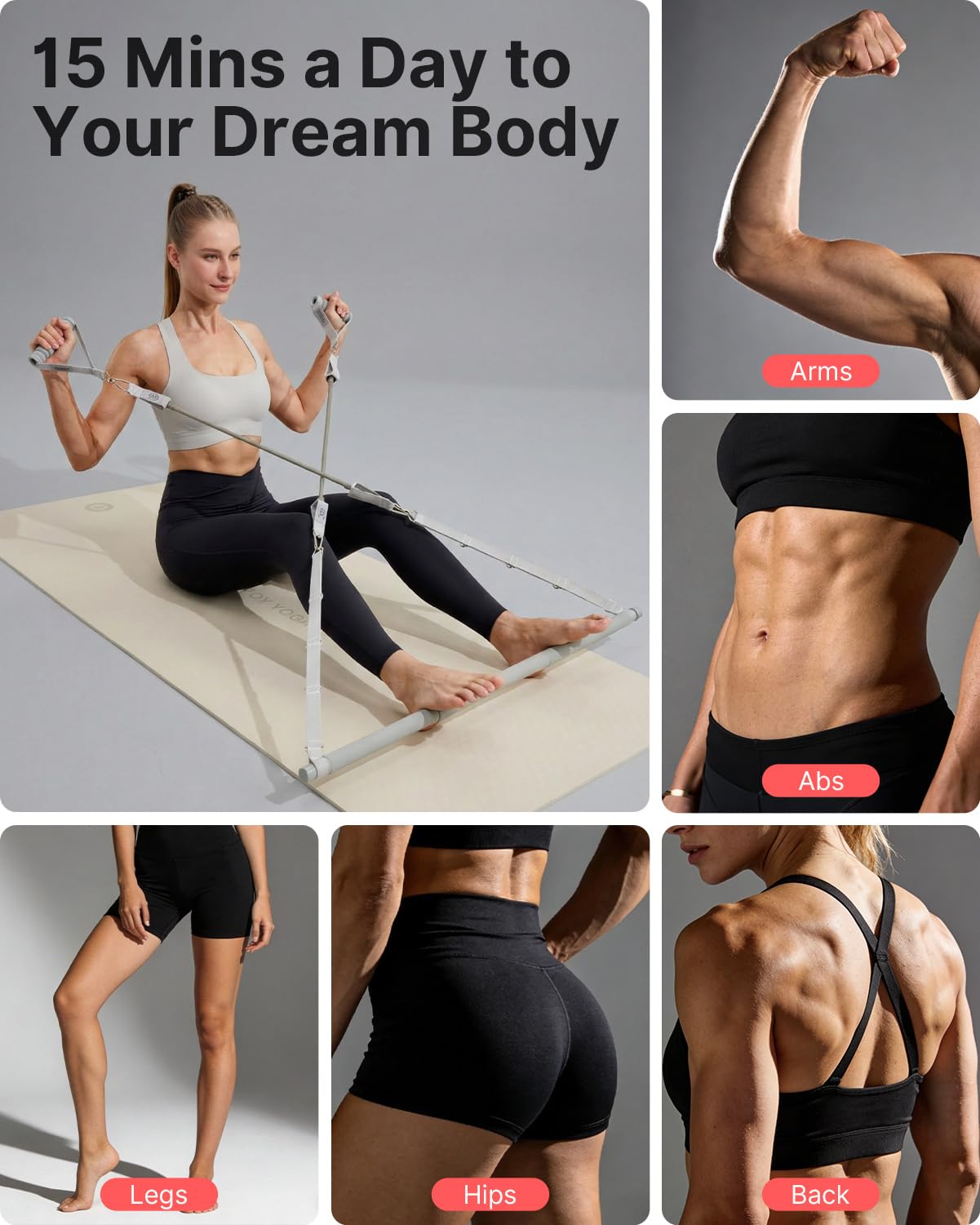YOTTOY Pilates Bar Kit with Resistance Bands - 3-Bar Pilates Workout Equipment for Legs, Hips, Waist & Arms Workout, Portable Home Gym Exercise Equipment for Women & Men (Gray, 20/30lbs)