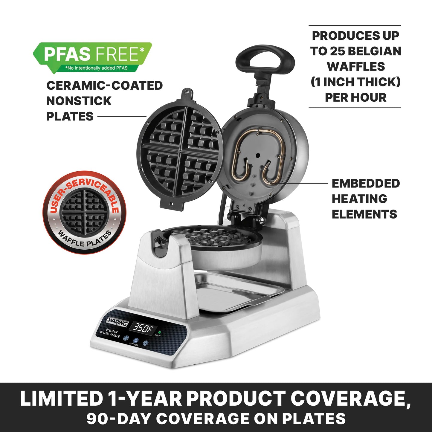 Waring Commercial Belgian Waffle Maker, 25 Waffles per Hour, Automatic Countdown Timer,Rotary Feature for Even Baking, Triple-Coated Nonstick Plates, NSF Certified, WW185X