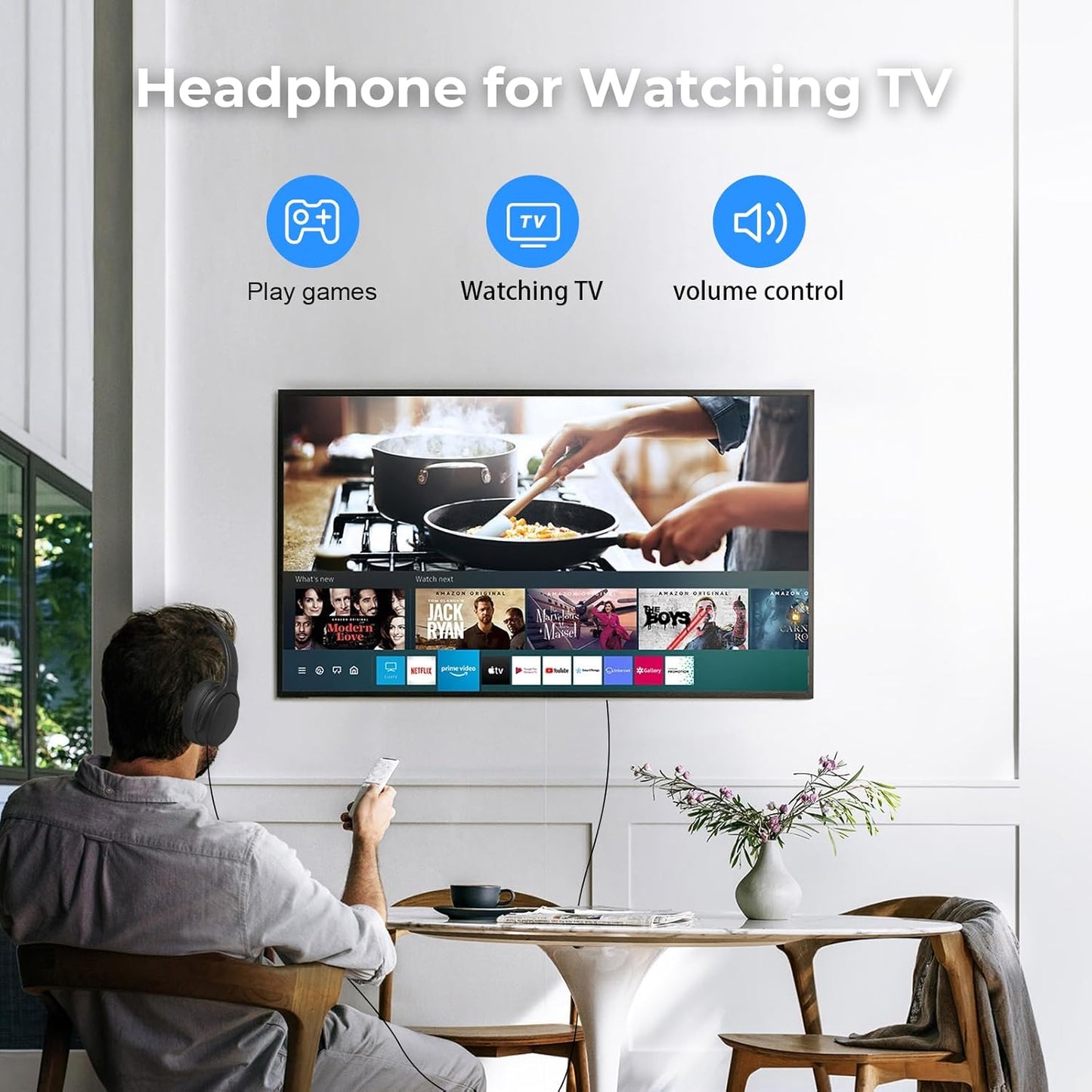 100SEASHELL 3.5mm Audio(19FT) Long Cord Tv Headphones for Seniors with Volume Control Wired Over The Ear Headphone