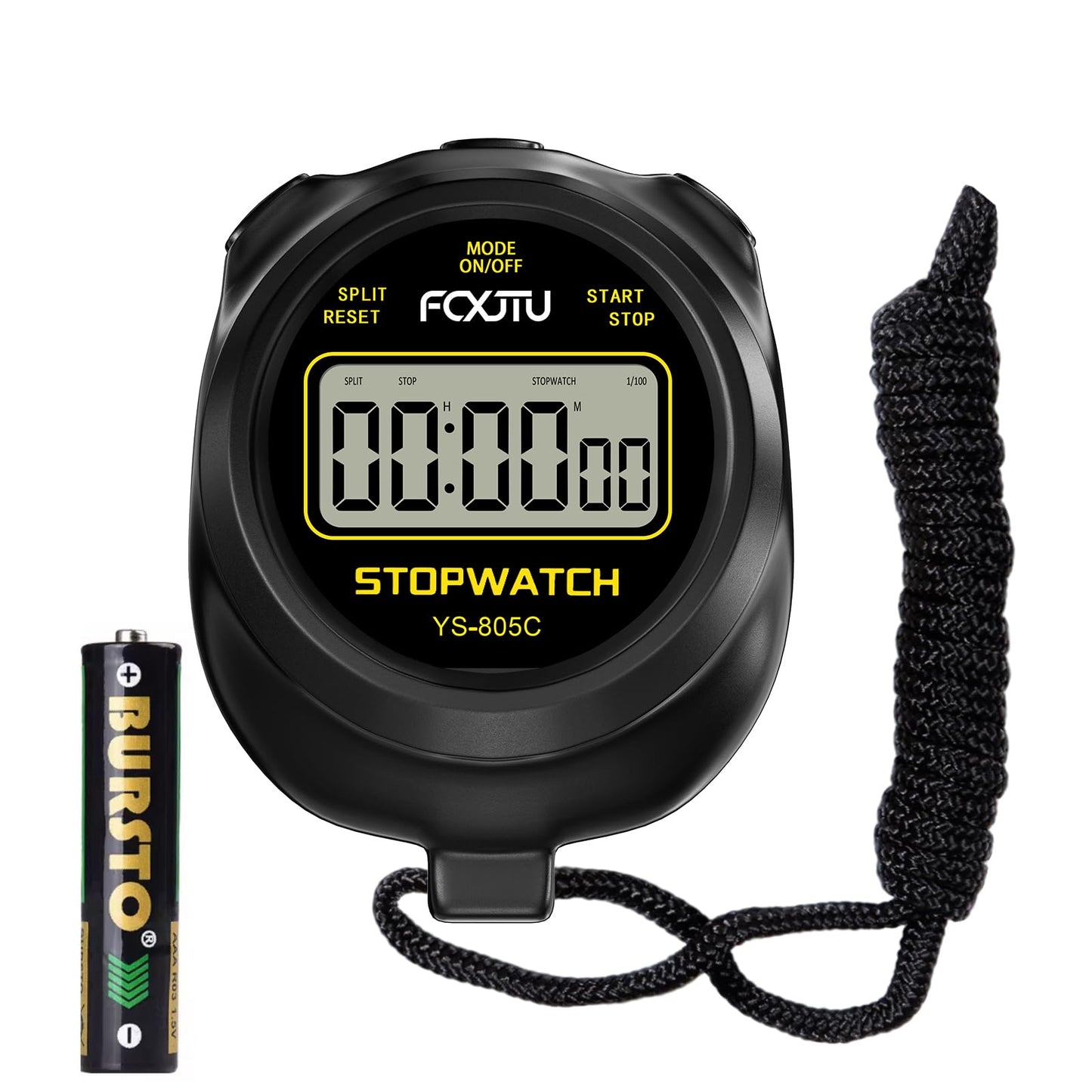 FCXJTU Simple Stopwatch Timer, Single Lap Stopwatch Countdown Timer, No Hourly Beep, On/Off, AAA Battery(Included), Large Display, Easy to Use, Ideal for Kids Coaches Black