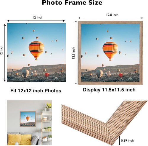 JCJMY 12x12 Inch Picture Frame - Rustic Brown Wall Gallery Frame with Shatter-Resistant Plexiglass