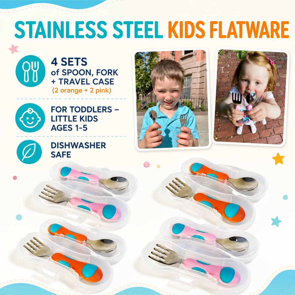 Toddler Silverware, Kids Utensils, Stainless Steel Forks Spoons Set With Travel Case For 1 2 3 & 4 Year Old. Metal Cutlery for Children Girls Boys Baby, Round Handle 8 Pieces (4 Sets) Pink Blue Orange