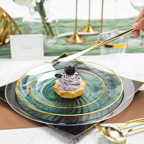 N9R 180 PCS Disposable Dinnerware Set with Gold Rim for 30 Guests,Green Plastic Plates Include 30 Dinner Plate, 30 Dessert Plates, 30 Cups, 90 Heavy Duty Gold Plastic Silverware for Party & Wedding
