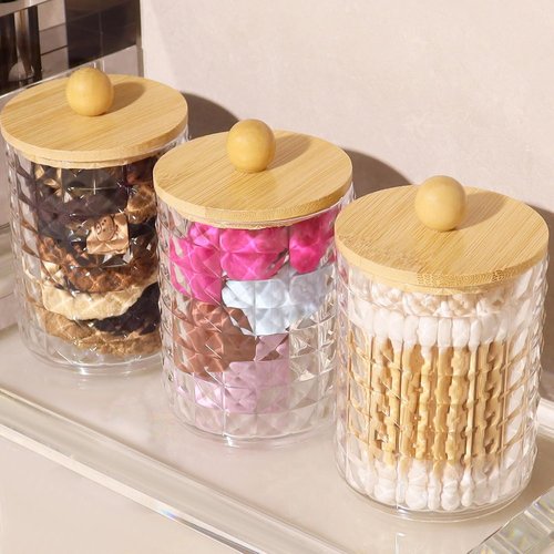 DAPOWER Qtip Holder - Stylish Bathroom Storage Canisters for Cotton Swabs & Balls | Clear & Bamboo Lid, 2 Pack
