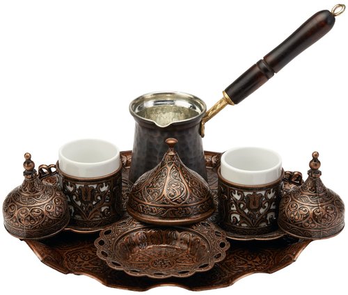 DEMMEX Turkish Greek Arabic Coffee Making and Serving Full Set with Cups Saucers Lids Sugar Bowl Tray and Copper Coffee Pot, Hand Decorated with Gold Crystals, 12 Pcs