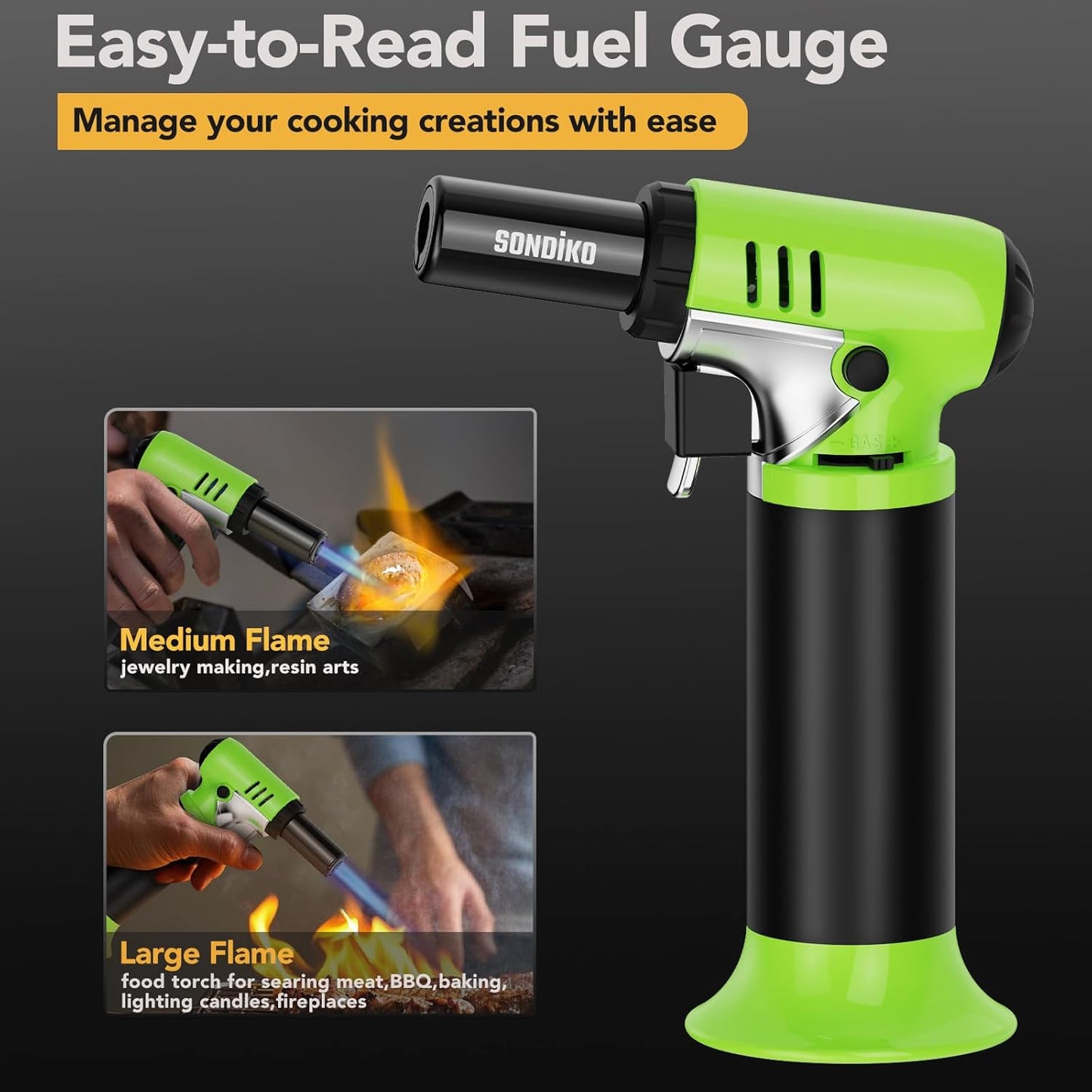 Sondiko Butane Torch - Refillable Soldering Lighter with Adjustable Flame & Fuel Gauge | Green & Black