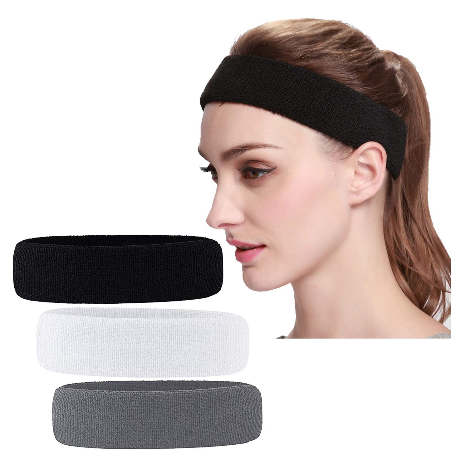 3 Pack Men & Women Sweatband Headband Terry Cloth Moisture Wicking for Sports Tennis Gym Work Out (White,Black,Gray)