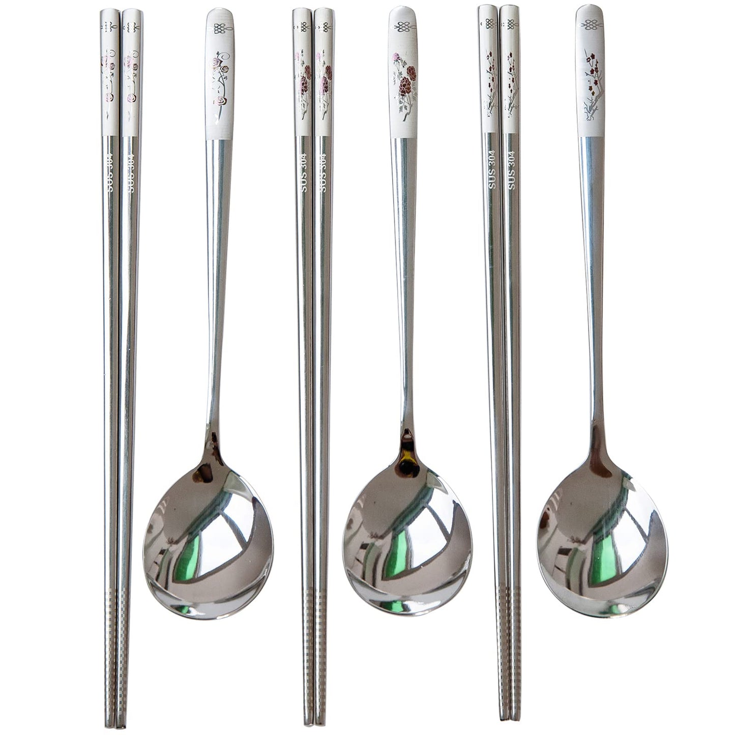 YAPULLYA Reusable Chopstick and Spoon Set, Korean Long Handle Stainless Steel Spoon and Chopsticks Set, Dishwasher Safe Metal Chop sticks, Set of 3. (Multi-patterned)